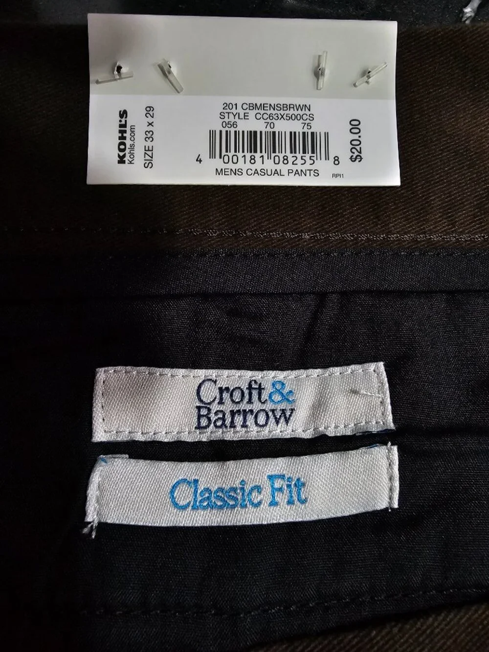 Croft & Barrow dark brown classic fit flat front chinos size 33x29 NWT